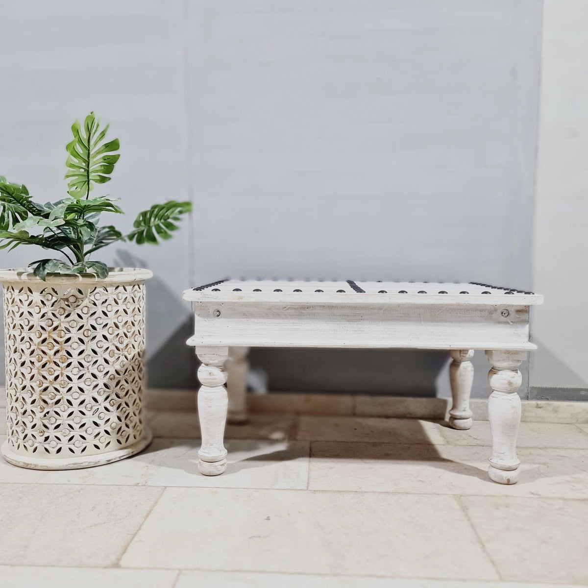 Antique Indian Reclaimed Hand Solid Wooden Rustic Coffee Table Whitewash 90x60x50cm