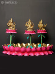 Indian Lord Lakshmi Ganesha Saraswati on Lotus Base Brass Statue