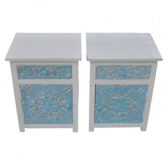 PARIS Carved Pair of Bedsides White with Blue Door C