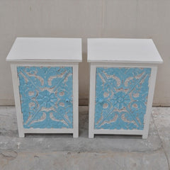 PARIS Carved Pair of Bedsides White with Blue Door C