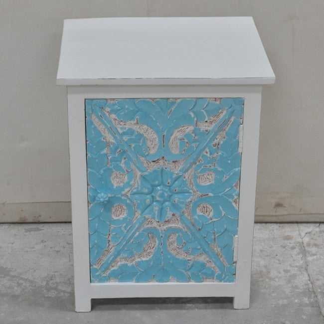 PARIS Carved Pair of White & Blue Bedsides with Drawer C