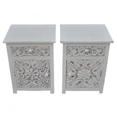 PARIS Carved Pair of Bedsides with Drawer White B