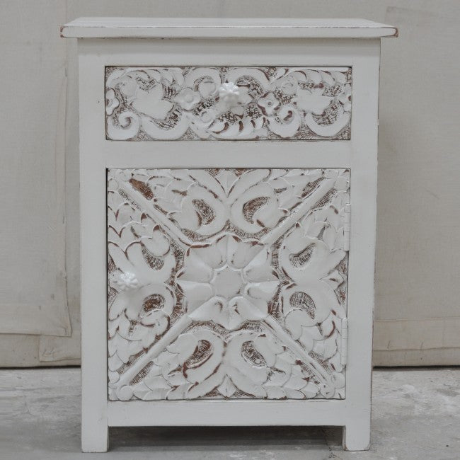 PARIS Carved Pair of Bedsides with Drawer White B