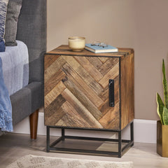 Angle Industrial Iron and  Solid  Wood Bedside Table 42
