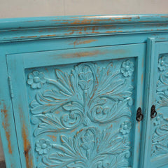 Floral Carved Solid wood Sideboard Light Blue