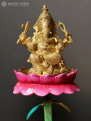 Indian Lord Lakshmi Ganesha Saraswati on Lotus Base Brass Statue