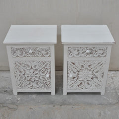 PARIS Carved Pair of Bedsides with Drawer White B