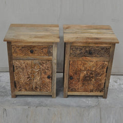 PARIS Carved Pair of Bedsides With Drawer Natural A