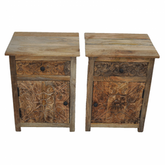 PARIS Carved Pair of Bedsides With Drawer Natural A