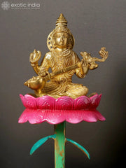 Indian Lord Lakshmi Ganesha Saraswati on Lotus Base Brass Statue