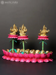 Indian Lord Lakshmi Ganesha Saraswati on Lotus Base Brass Statue