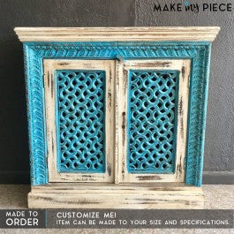 Mughal Jali Carved Solid wood Sideboard Blue-cream