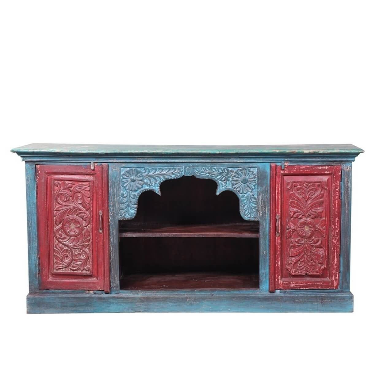 Mughal Garden Hand Carved Reclaimed Wood Tv Stand Media Console Red & Blue