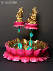 Indian Lord Lakshmi Ganesha Saraswati on Lotus Base Brass Statue