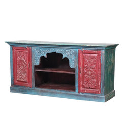 Mughal Garden Hand Carved Reclaimed Wood Tv Stand Media Console Red & Blue