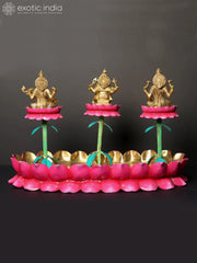 Indian Lord Lakshmi Ganesha Saraswati on Lotus Base Brass Statue