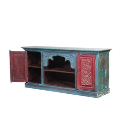 Mughal Garden Hand Carved Reclaimed Wood Tv Stand Media Console Red & Blue