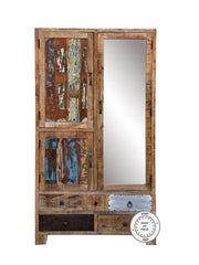 Lava Industrial Indian Solid Wood Display Wardrobe Cabinet With Mirror