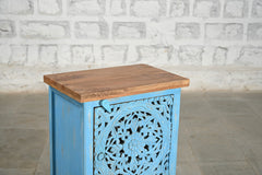 Indian Solid Wood Hand Carved Bedside Blue