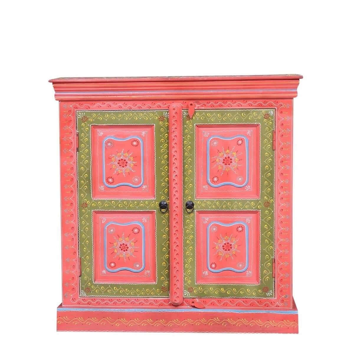 Bleached Hand Painted Indian Solid Wood Floral Design Storage Cabinet