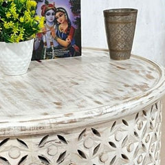 Bristol Hand Carved Indian Mango Wood Side Table White 40x60x60Cm