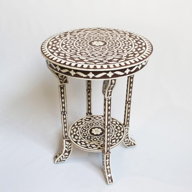 Maaya Bone Inlay Round Side Table Black White Floral