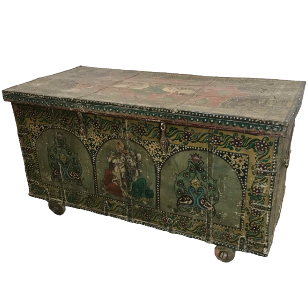 Vintage Hand Painted Indian Solid Wood Merchants Chest Storage Box