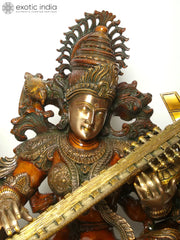 Indian Lord Goddess Sarasvati Brass Statue