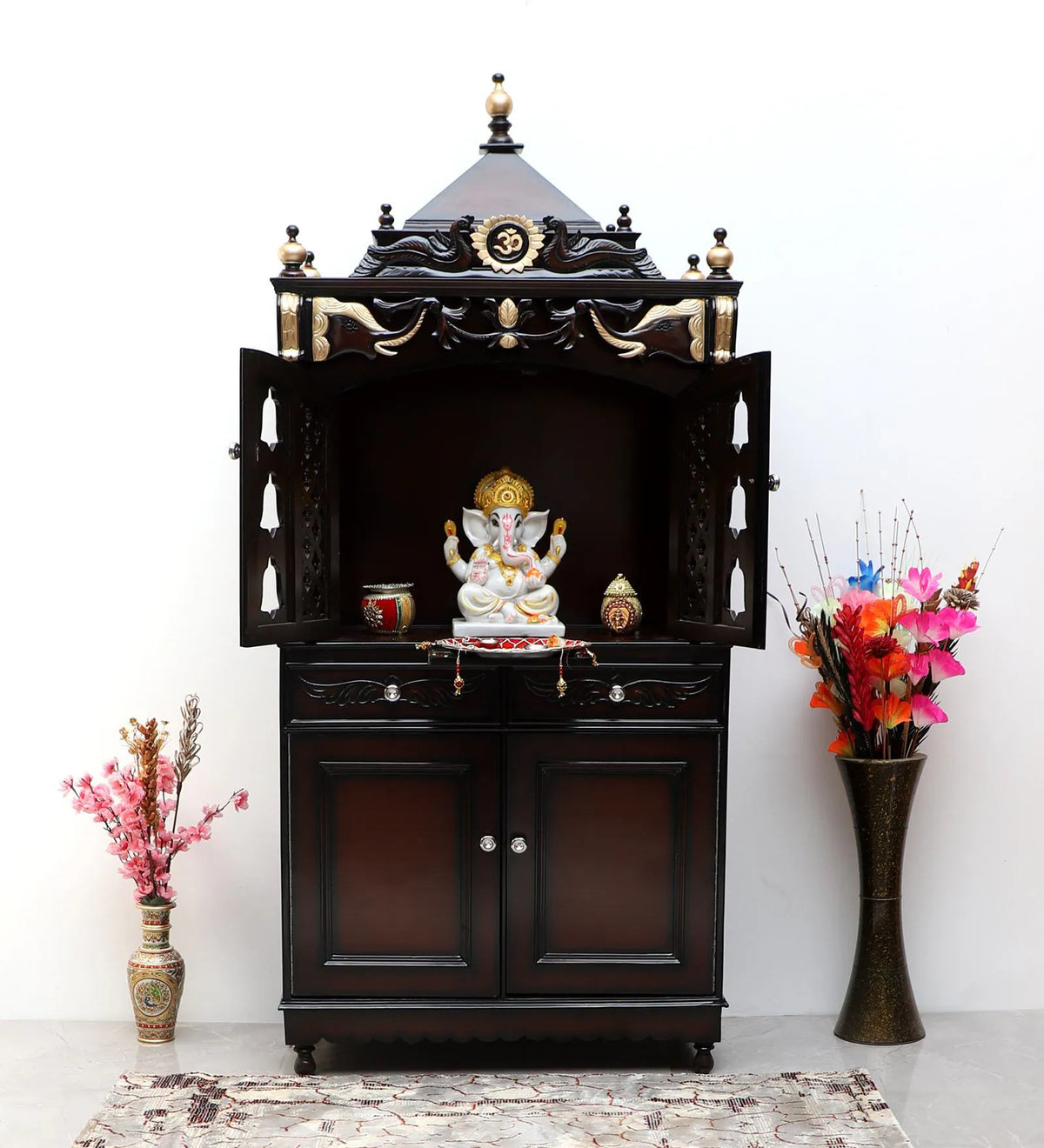 Large Sized Handmade Solid Wood Home Temple In Brown