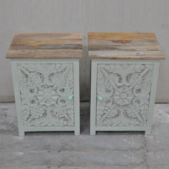 PARIS Carved Pair of Bedsides White with Natural Top D