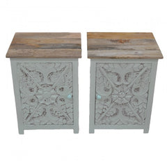 PARIS Carved Pair of Bedsides White with Natural Top D