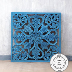 Dynasty Hand Carved Indian Solid Wood Wall Decorative Carved Panel Blue