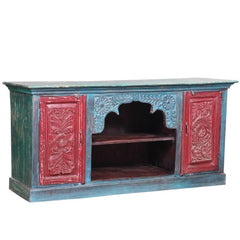 Mughal Garden Hand Carved Reclaimed Wood Tv Stand Media Console Red & Blue