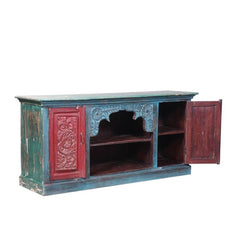 Mughal Garden Hand Carved Reclaimed Wood Tv Stand Media Console Red & Blue