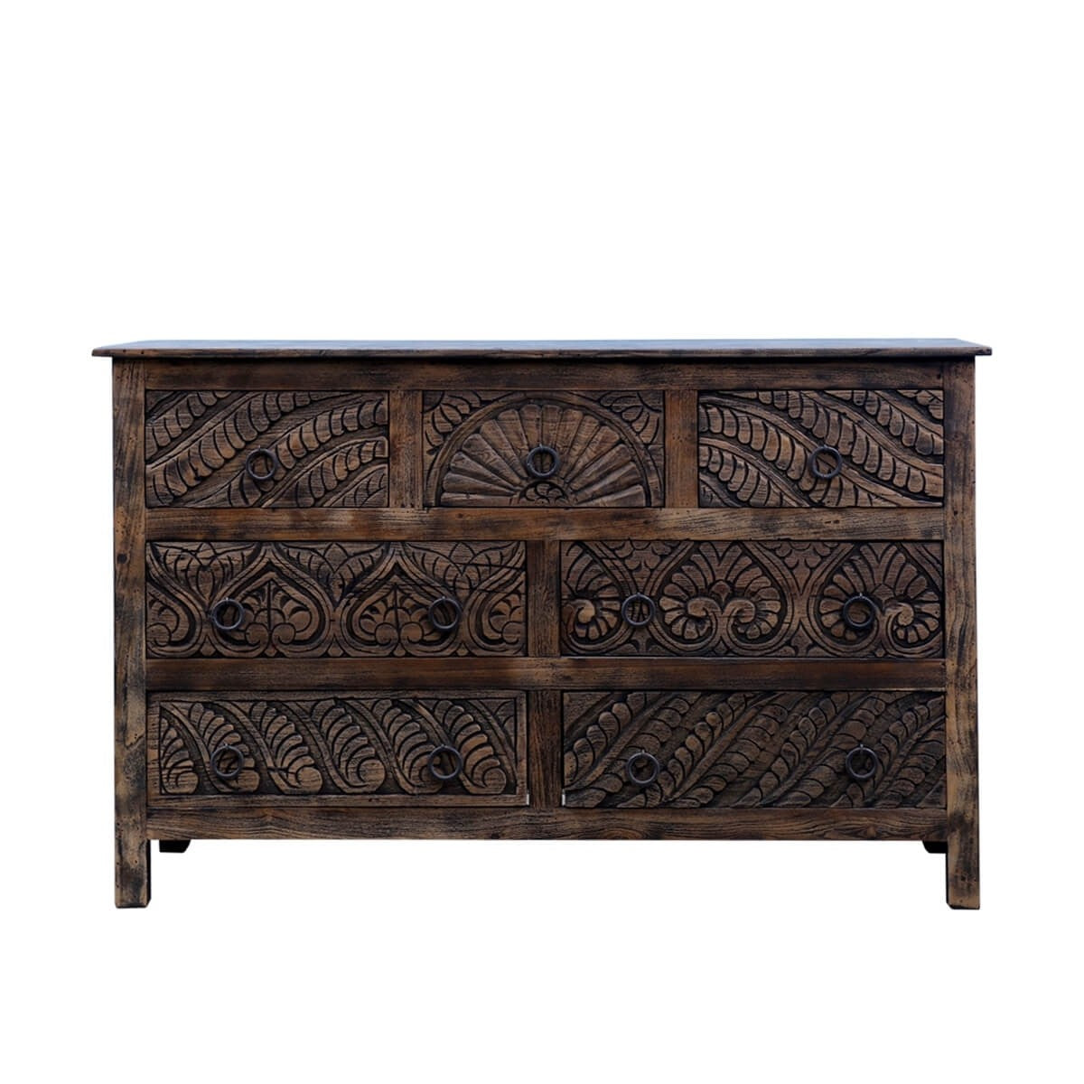 Mughal Garden Hand Carved Reclaimed Wood 7 Drawer Rustic Dresser