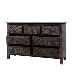 Mughal Garden Hand Carved Reclaimed Wood 7 Drawer Rustic Dresser