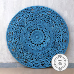 Dynasty Hand Carved Indian Solid Wood Round Wall Decorative Carved Panel Blue