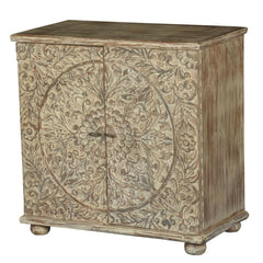 Mandala Hand Carved Solid wood 2 door Sideboard Whitewash 90x40x90cm