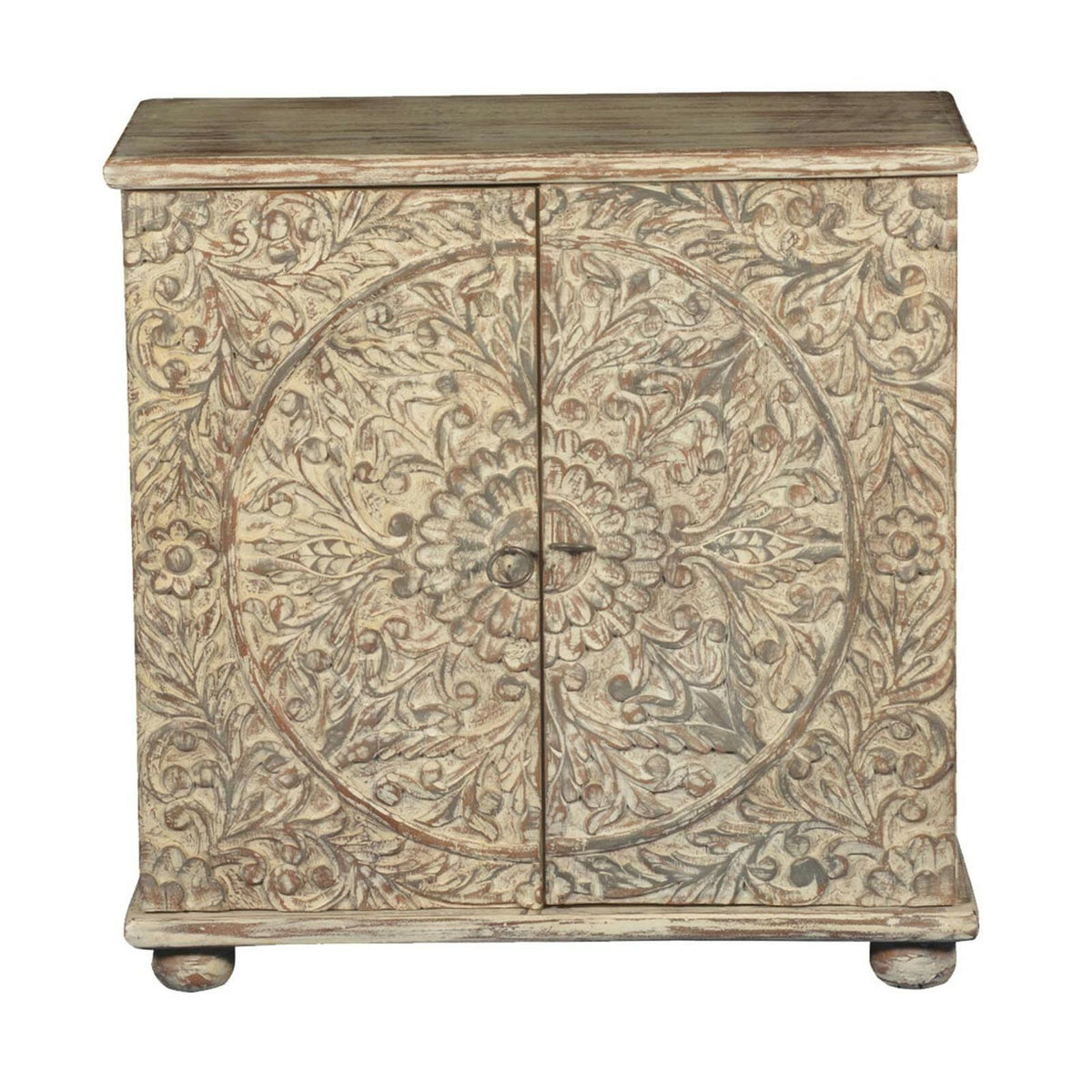 Mandala Hand Carved Solid wood 2 door Sideboard Whitewash 90x40x90cm