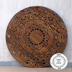 Dynasty Hand Carved Indian Solid Wood Round Wall Decorative Carved Panel Blue