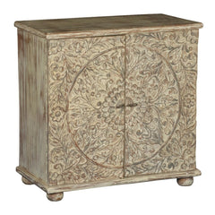 Mandala Hand Carved Solid wood 2 door Sideboard Whitewash 90x40x90cm