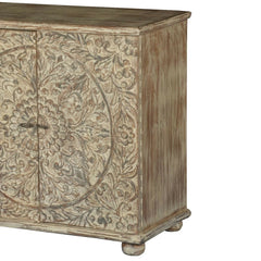 Mandala Hand Carved Solid wood 2 door Sideboard Whitewash 90x40x90cm