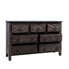 Mughal Garden Hand Carved Reclaimed Wood 7 Drawer Rustic Dresser