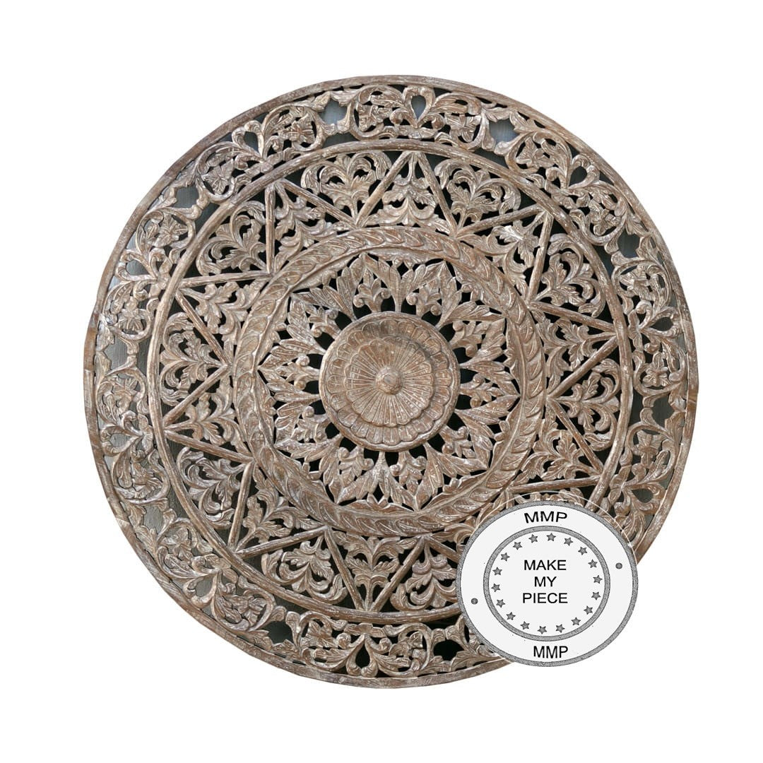 Dynasty Hand Carved Indian Solid Wood Round Wall Decorative Carved Panel Whitewash