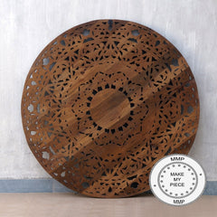 Dynasty Hand Carved Indian Solid Wood Round Wall Decorative Carved Panel Whitewash