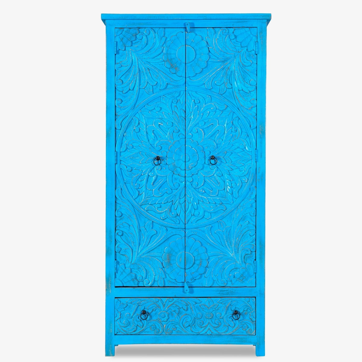 Avani Solid Mango Wood Indian Hand Carved Wardrobe Cabinet Almirah Antique style Pantry Painted V12  -  