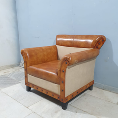 Handmade Indian Furniture Wooden Aged Leather Polo Single Seat Sofa in Brown