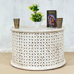 Bristol Hand Carved Indian Mango Wood Side Table White 40x60x60Cm