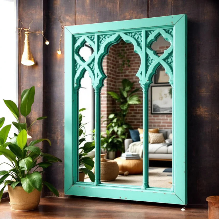 Jharokha Triple Arch Hand Carved Solid Wooden Mirror Frame 73