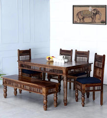 Hand Carved Solid Wood 6 Seater Dining Table Set 26